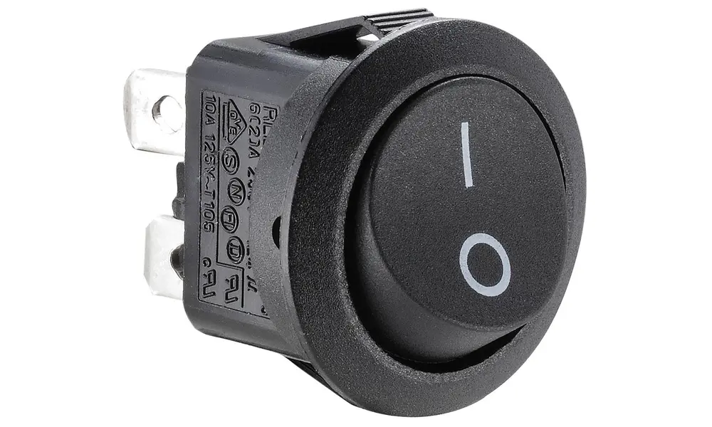Round Rocker Switch, On / Off, DPST, I/O Markings, 250V AC, 6A model rocketry