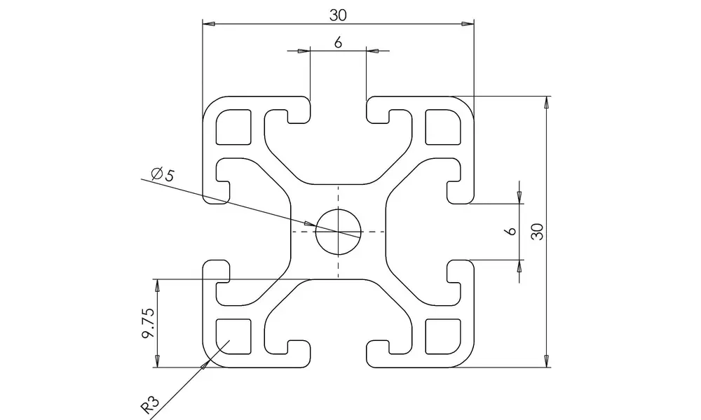 30 mm (3030) avfyrningsskena 500 mm lång (0,5 m) aluminiumskena med 6 mm spår (~1010) L IR-profil, Andra produktalternativ: 30 mm skena - 6 mm spår - 500 mm lång, 3 image model rocketry