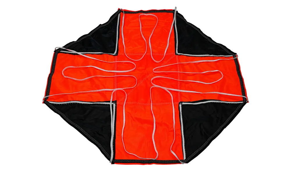96" (2438mm) Crossfire reinforced topflight parachute (Neon Orange / Black), 3 image model rocketry