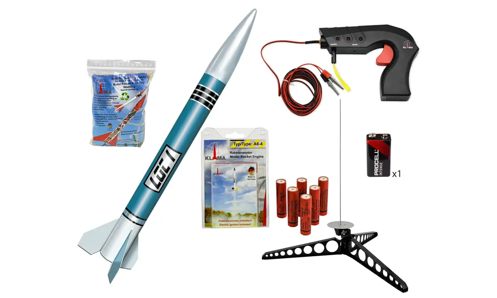 LOC I rocket starter set with launch pad, controller, wadding, battery and 6x A6-4 motors kit, 7 image model rocketry