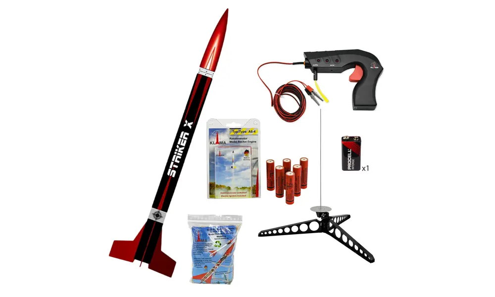 LOC Striker-X rocket starter set with launch pad, controller, wadding, battery and 3x B6-4 motors kit, 7 image model rocketry