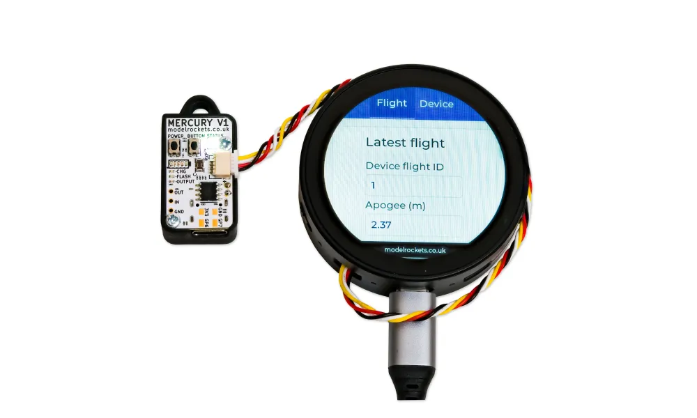 Skærmbillede til Mercury V1 højdemåler for at se flyresuméer - Med ekstra batteri, Andre produktmuligheder: Snapshop screen - With internal battery addon, 2 image model rocketry