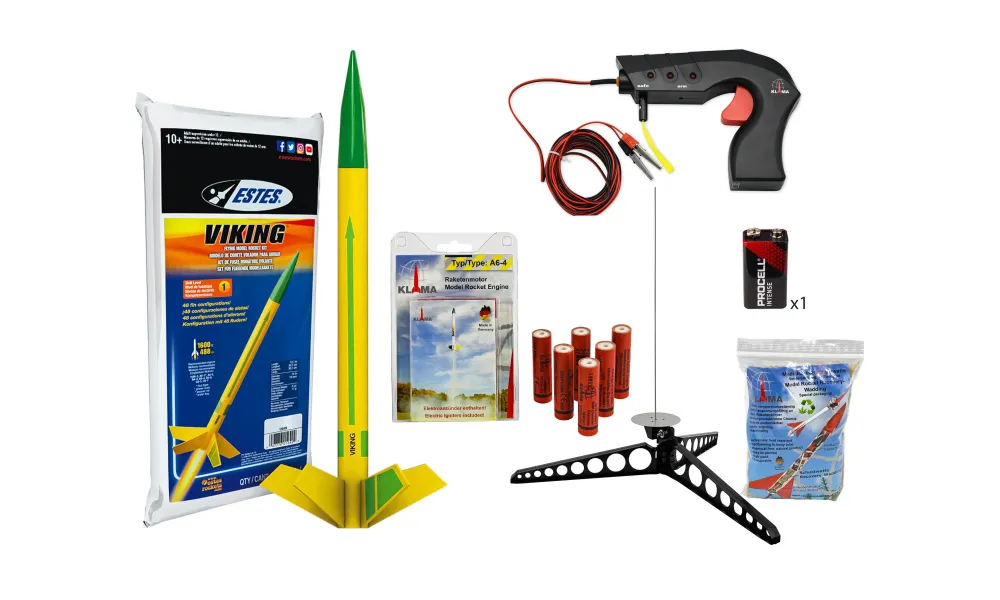 Viking raketstartersæt med affyringsrampe, controller, vat, batteri og 6x A6-4 motorsæt, 7 image model rocketry