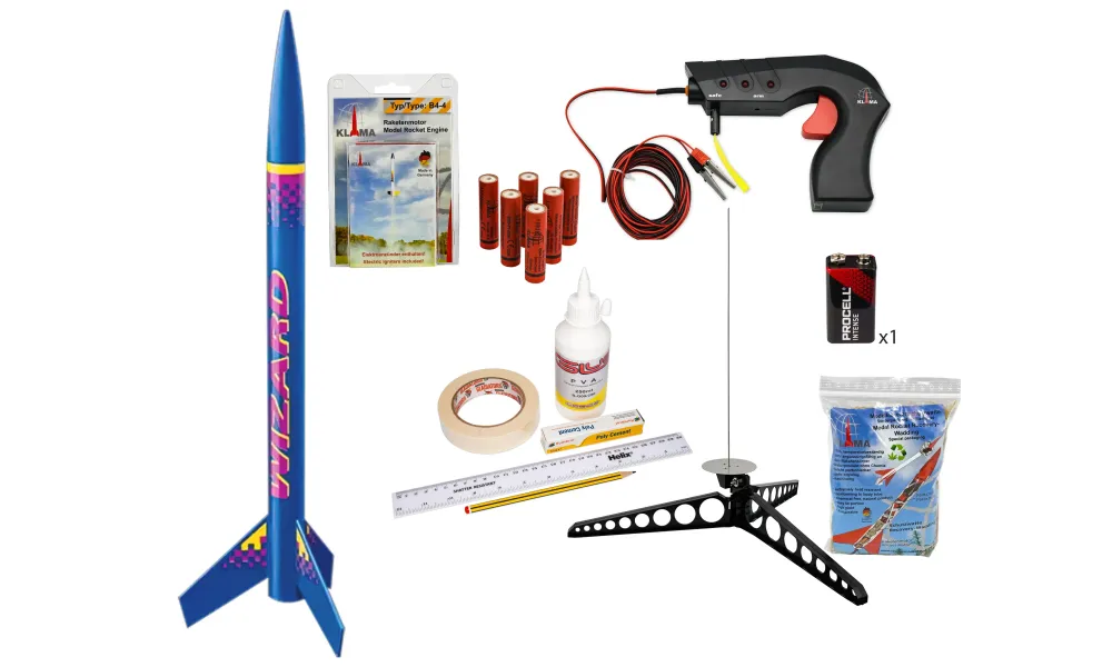 Wizard rocket starter construction set with 6x A6-4 rocket motors, launch pad, controller and building supplies, 8 image model rocketry
