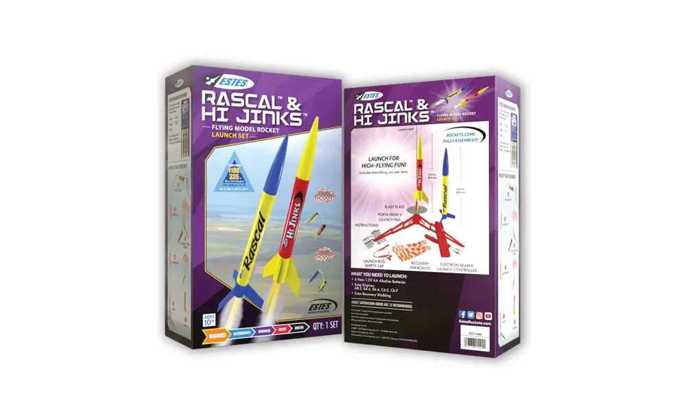 Deluxe Rascal & HiJinks launch set, 3 motors and wadding, ready to fly - Estes, 3 image model rocketry