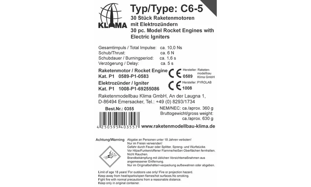 Paquete Klima C6-5 Team que incluye encendedores electrónicos (30 piezas) motores de cohetes a granel, Otras opciones de producto: Paquete a granel Klima - C6-5 - Paquete de 30, 2 image