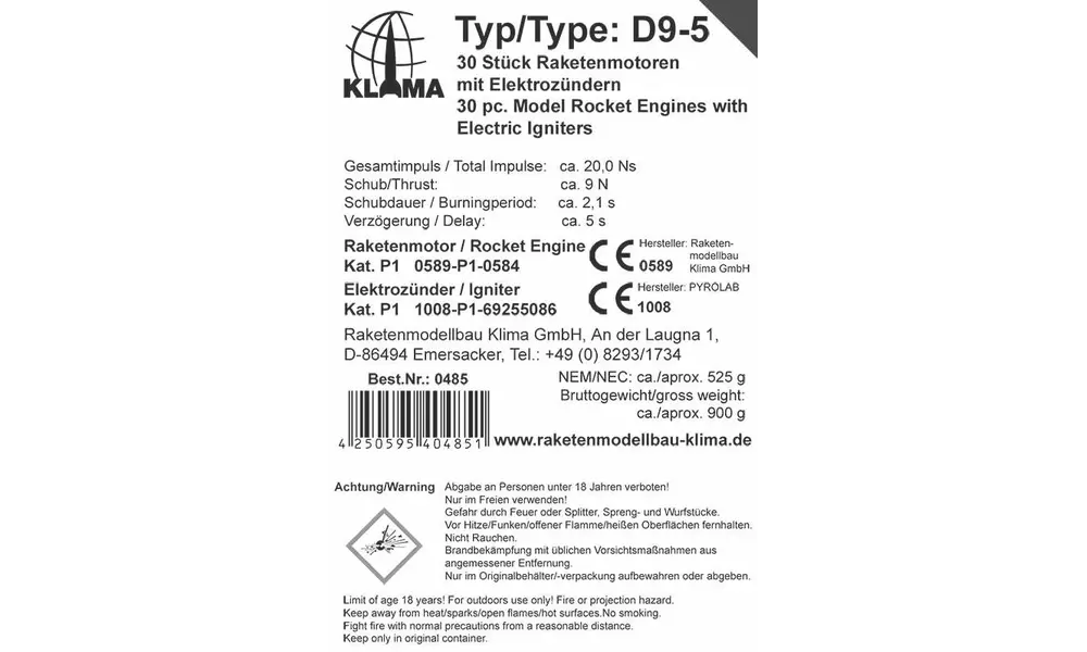 Klima D9-5 Teampakket inclusief elektronische ontstekers (30 stuks) raketmotoren motoren bulk, Productopties: Klima grootverpakking - D9-5 - 30 stuks, 2 image