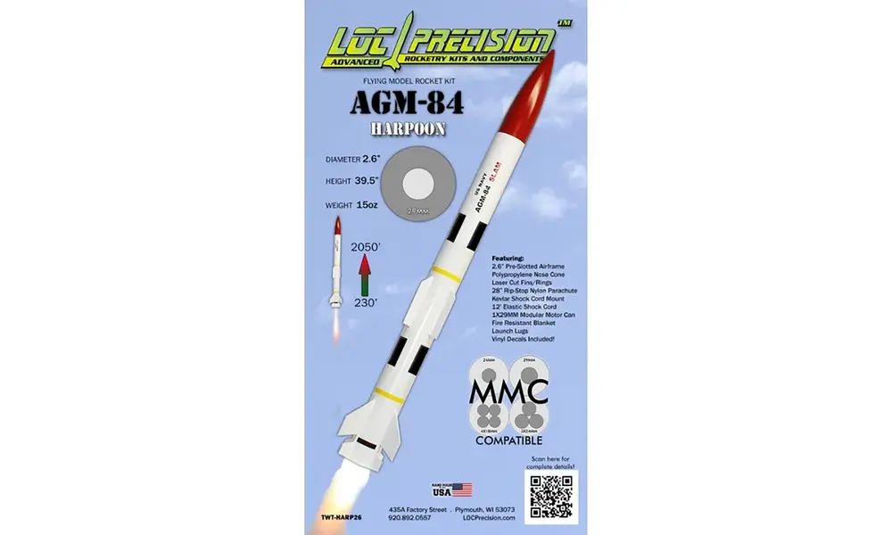 2,6" AGM-84 Harpoon raketmodellbyggsats, 29 mm motorer D till G storlek model rocketry