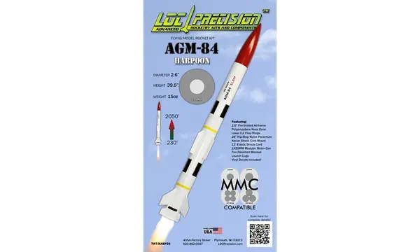 2.6" AGM-84 Harpoon model rocket kit, 29mm motors D to G size model rocketry